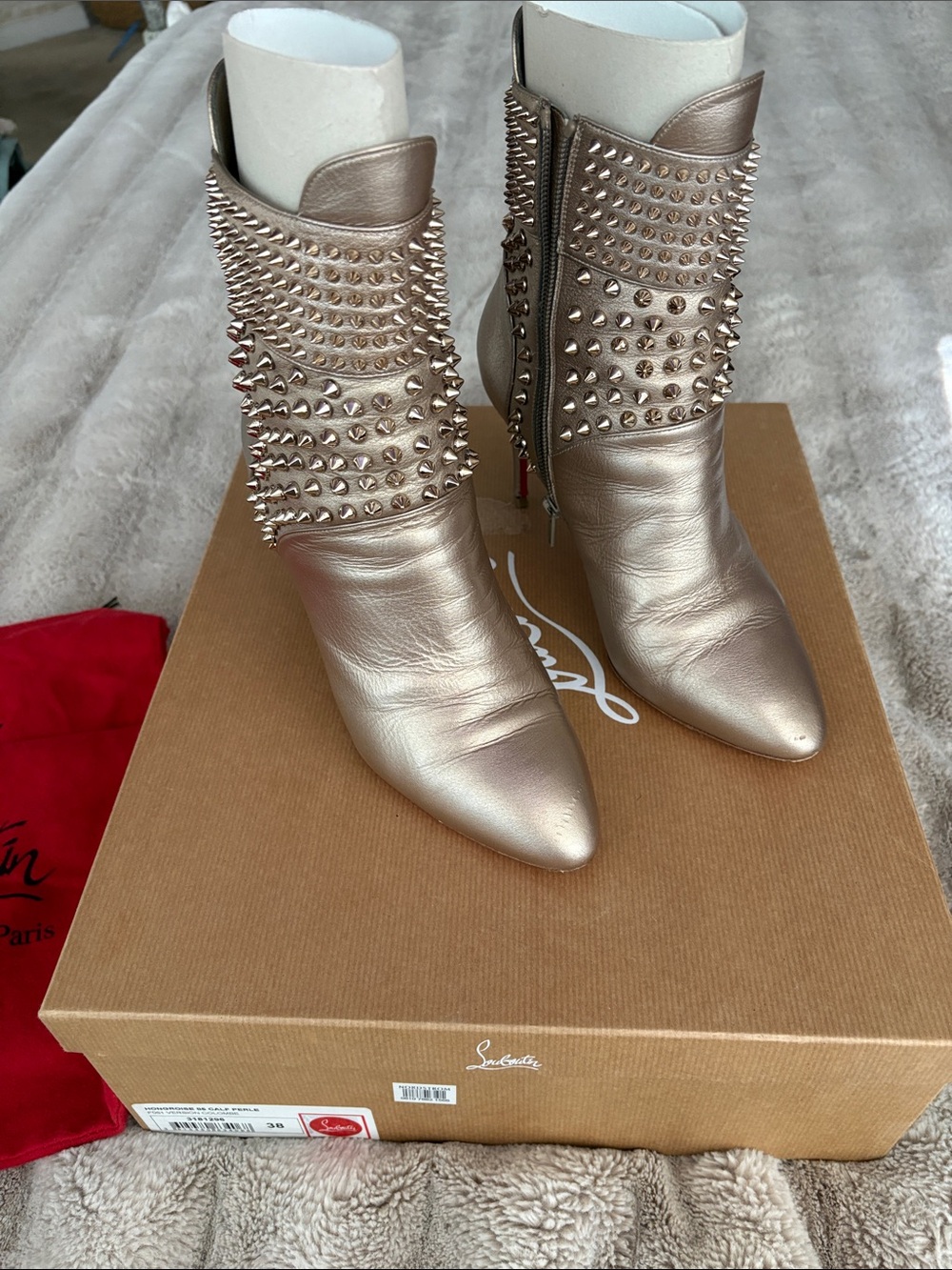 Christian Louboutin Hongroise Metallic Rose Gold Spiked Mid-Calf Boots